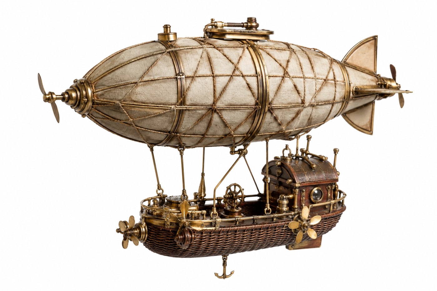 Modèle réduit de dirigeable steampunk en bois et laiton