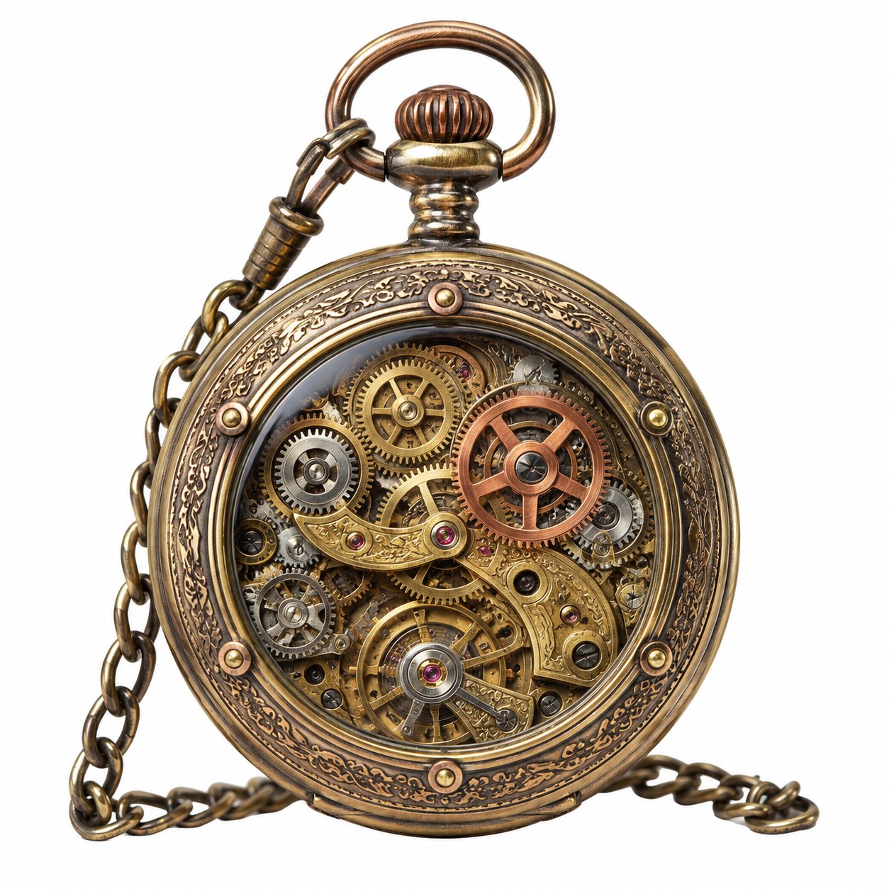 Montre à gousset steampunk avec rouages en laiton visibles