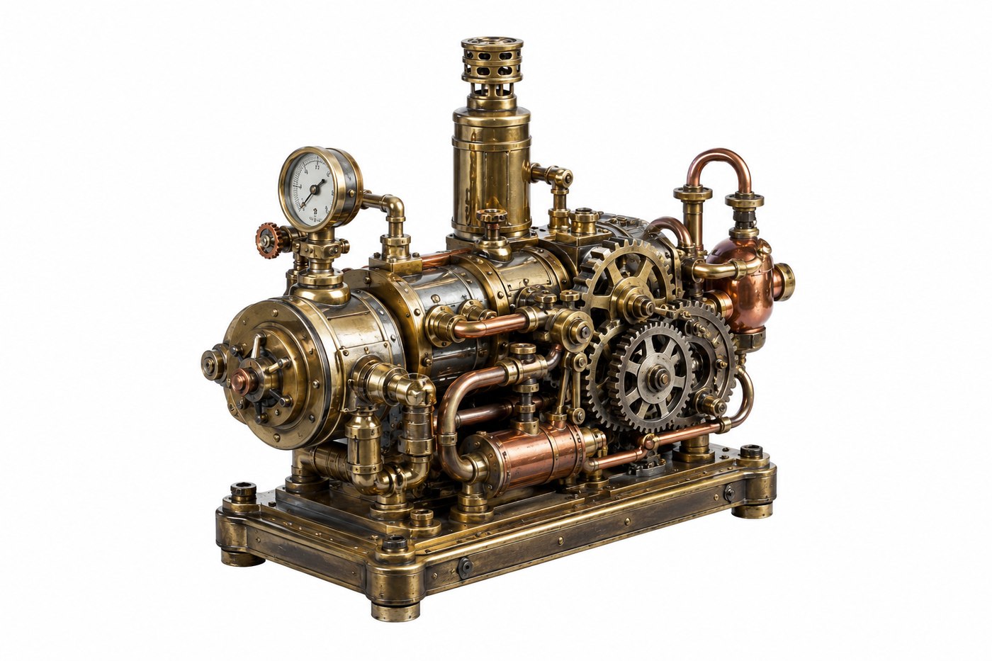 Petit moteur à vapeur steampunk avec tuyaux et manomètre en laiton