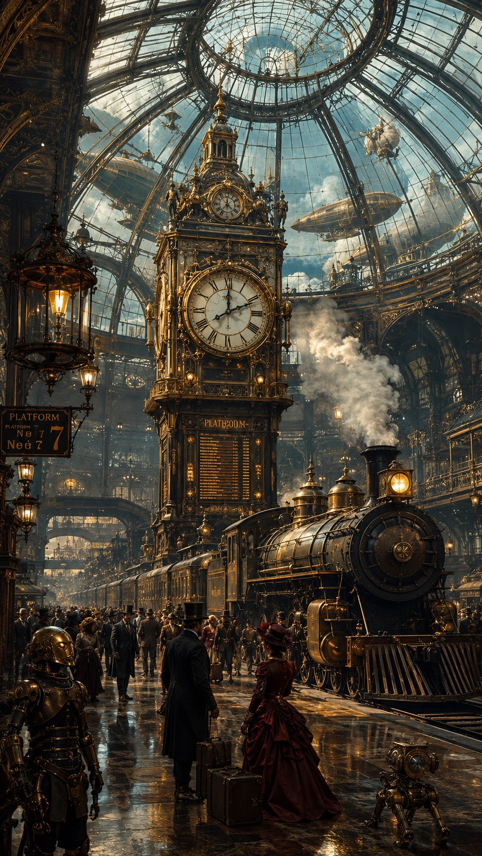 Grande gare steampunk avec locomotive à vapeur et dirigeables