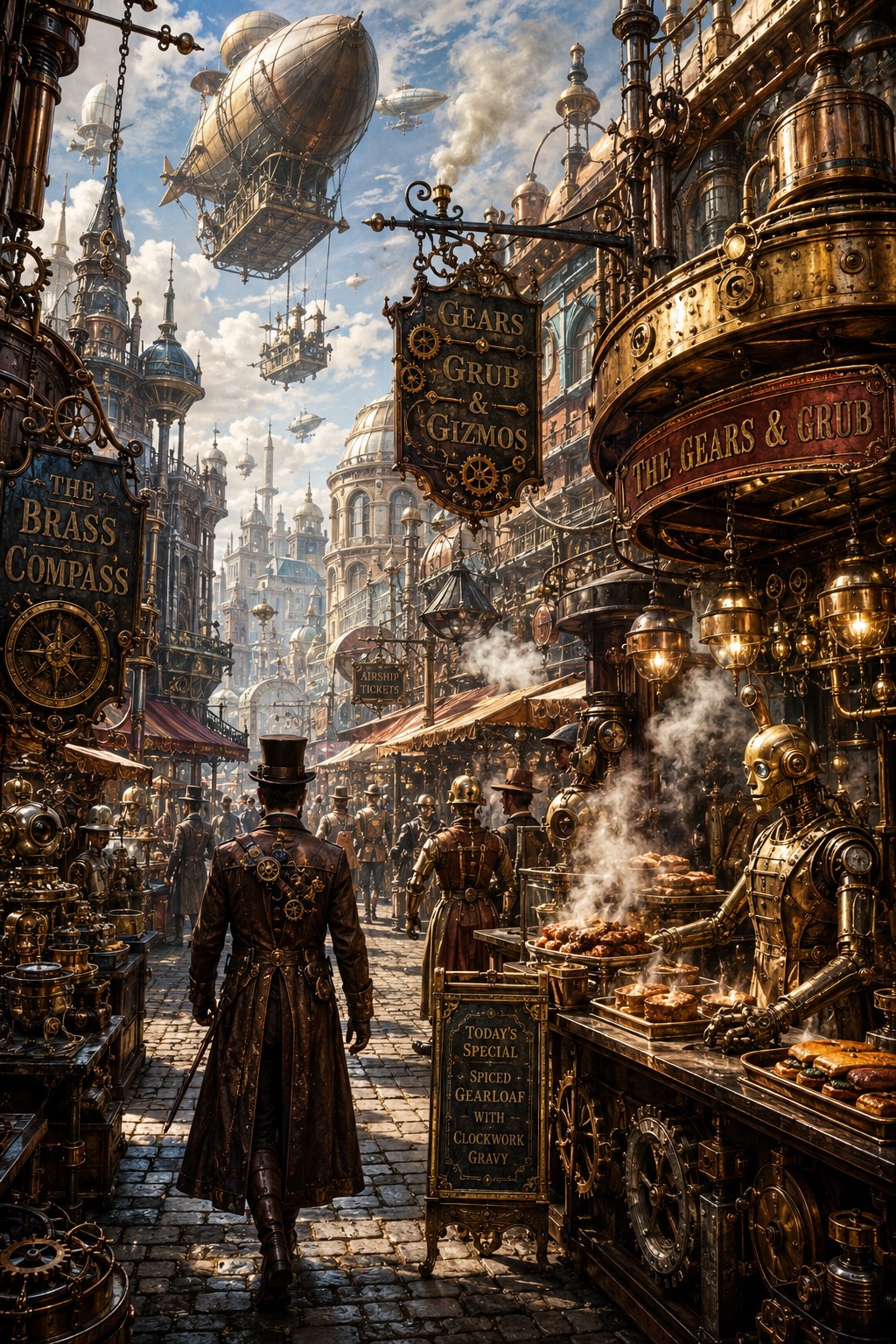 Marché steampunk animé avec échoppes en cuivre et automates